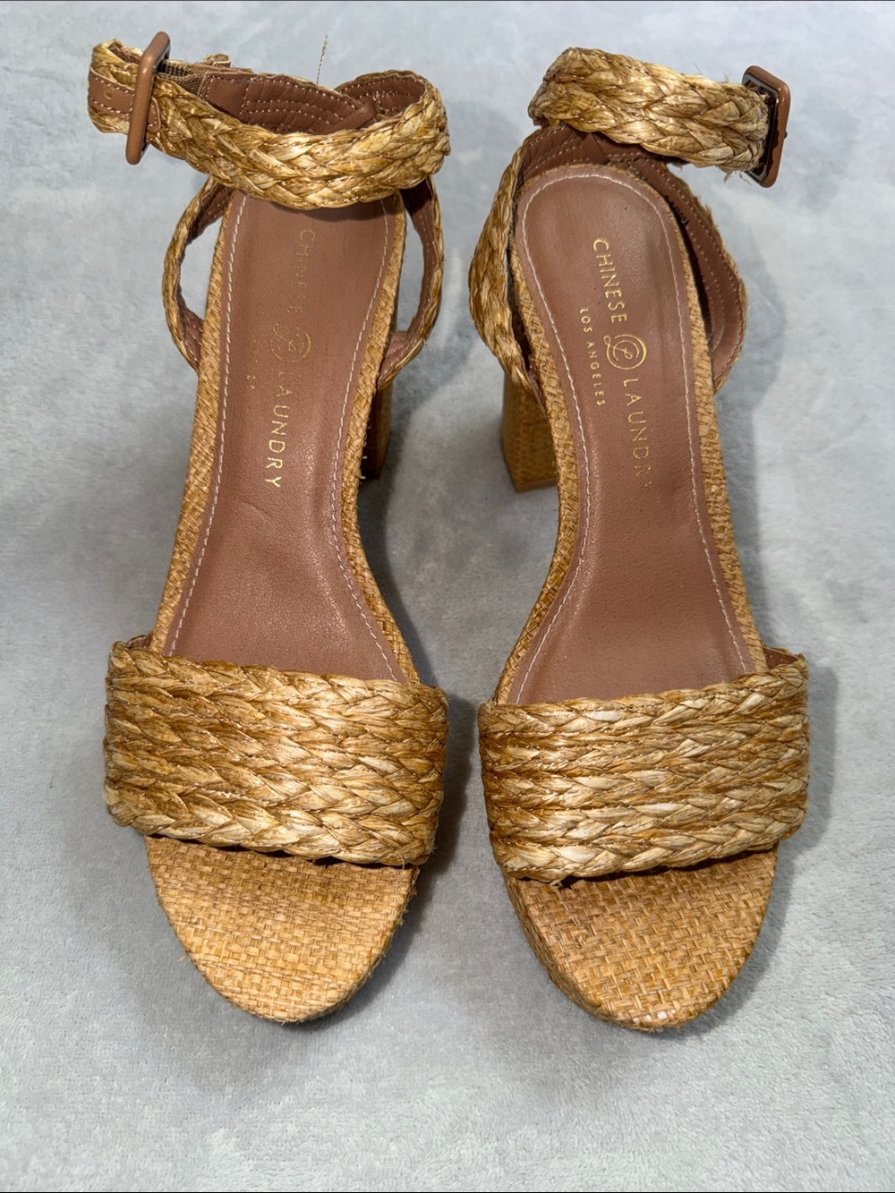 Chinese Laundry Braided Gold-Tone Ankle Strap Block Heels